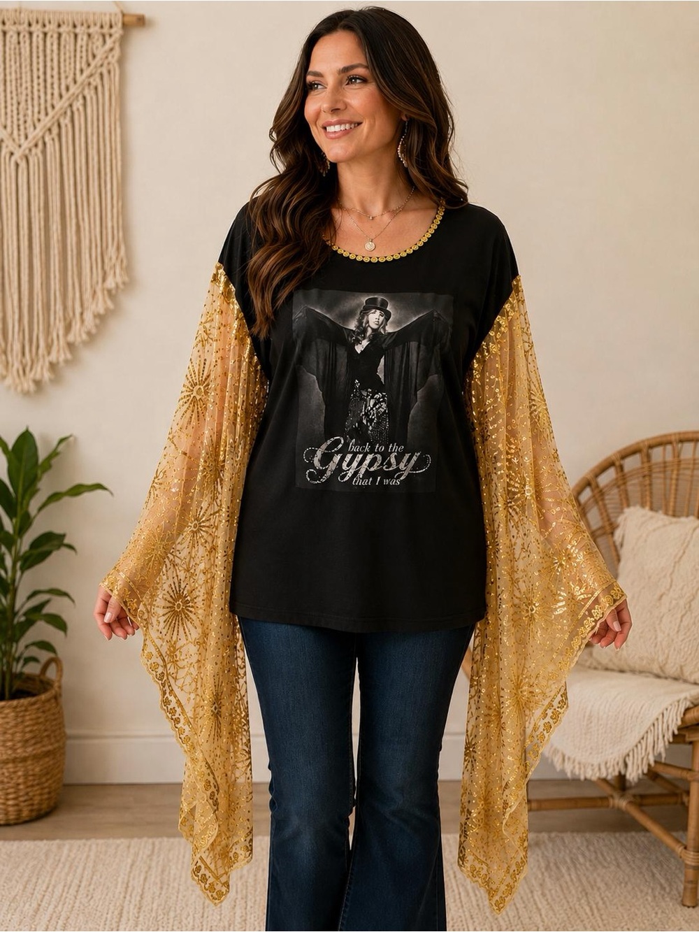 Stevie Nicks Inspired Boho Kimono Top Handmade Upcycled Graphic Tee New